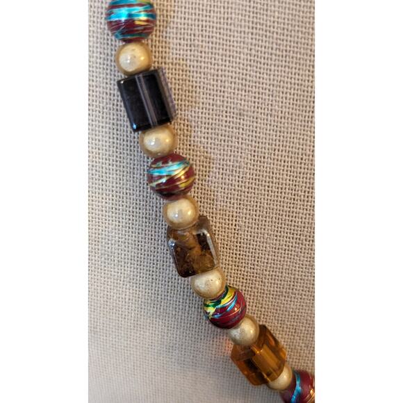 Vintage Metallic Drawbench, Square Lampwork, Art Glass 925 Clasp Bead Necklace - Picture 8 of 12